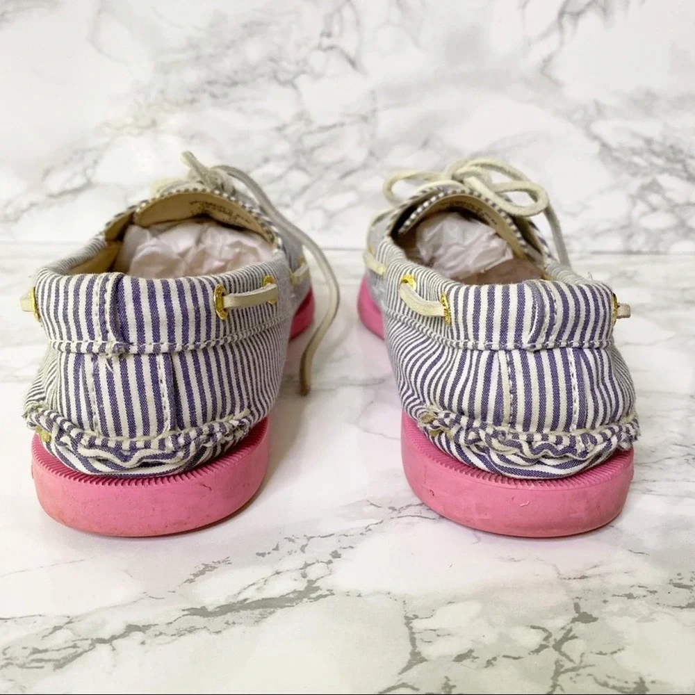 Sperry Top-Sider‎ J. Crew Boat Shoes Womens 6.5 Blue White Striped Pink Sole